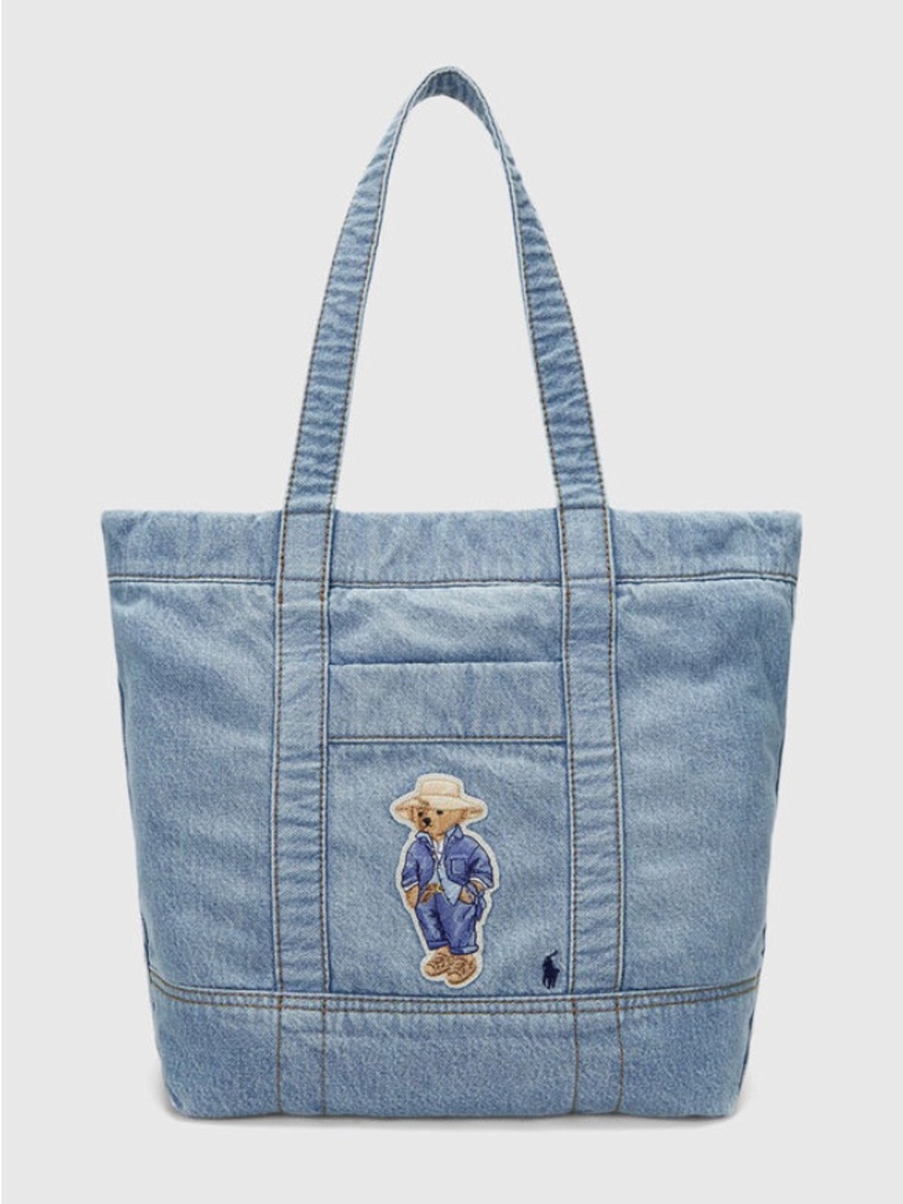 Ralph Lauren Denim Tote Bag with Polo Bear Patch - Light Blue
